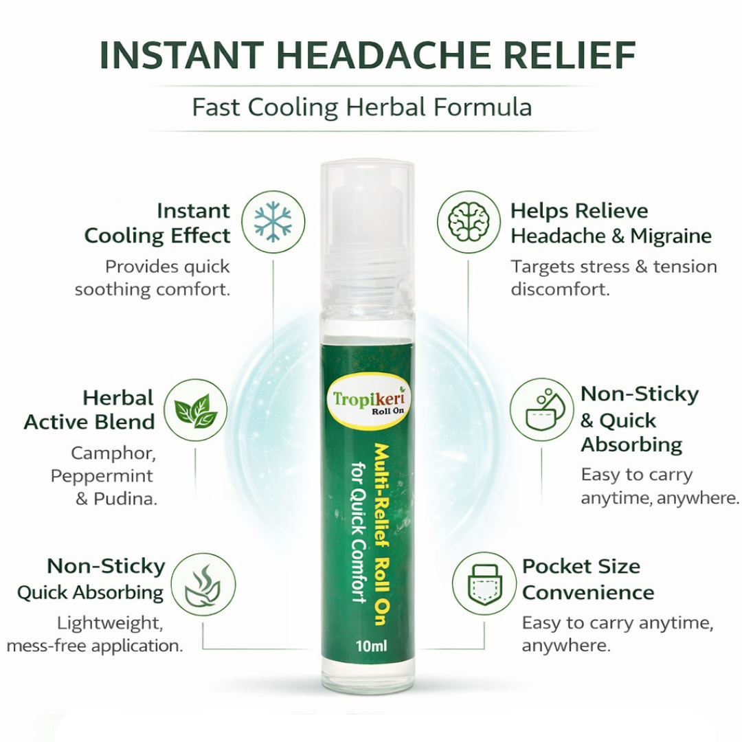 Tropikert Multi Relief Roll On, for Quick Comfort | For Headache & Migraine Relief | With Camphor, Peppermint, Pudeena | Instant Cooling, Calming Aroma, 10ml - Image 2